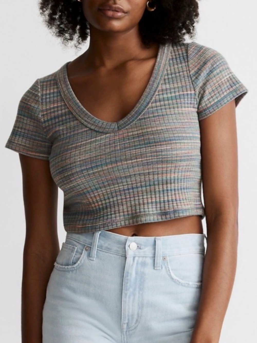 Madewell Pastel Multistripe Ribbed V-Neck Crop Top
